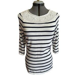 Chaps Womens White & Black Striped Lace Neckline Sweater 3/4 Sleeves Medium